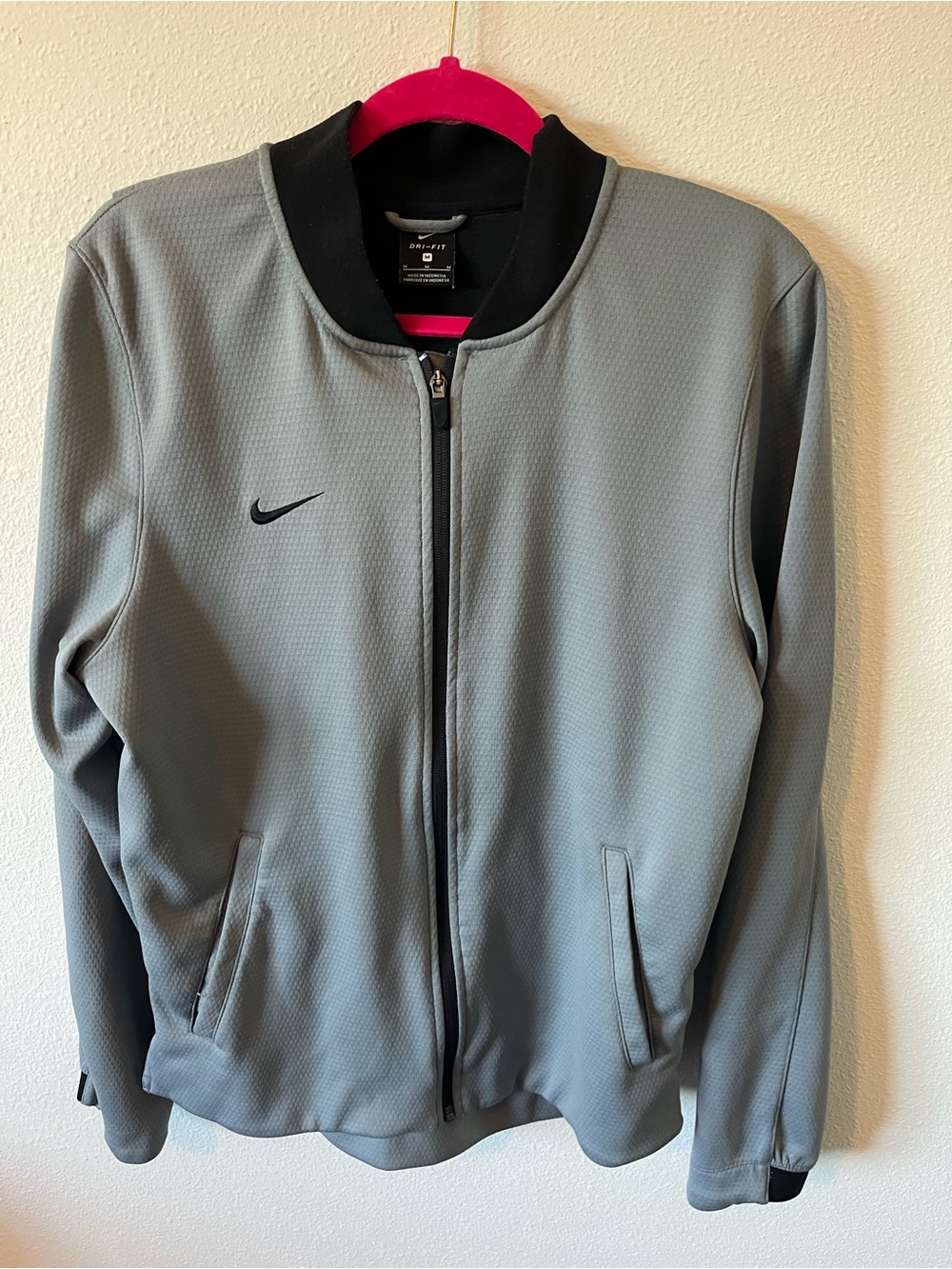 Nike Men's Grey Zip-Front Athletic Bomber Jacket with Black Trim